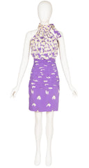 1985 S/S Snowdrop Print Purple Silk Cocktail Dress