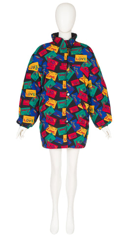 1990s Love Cards Print Black Reversible Puffer Coat