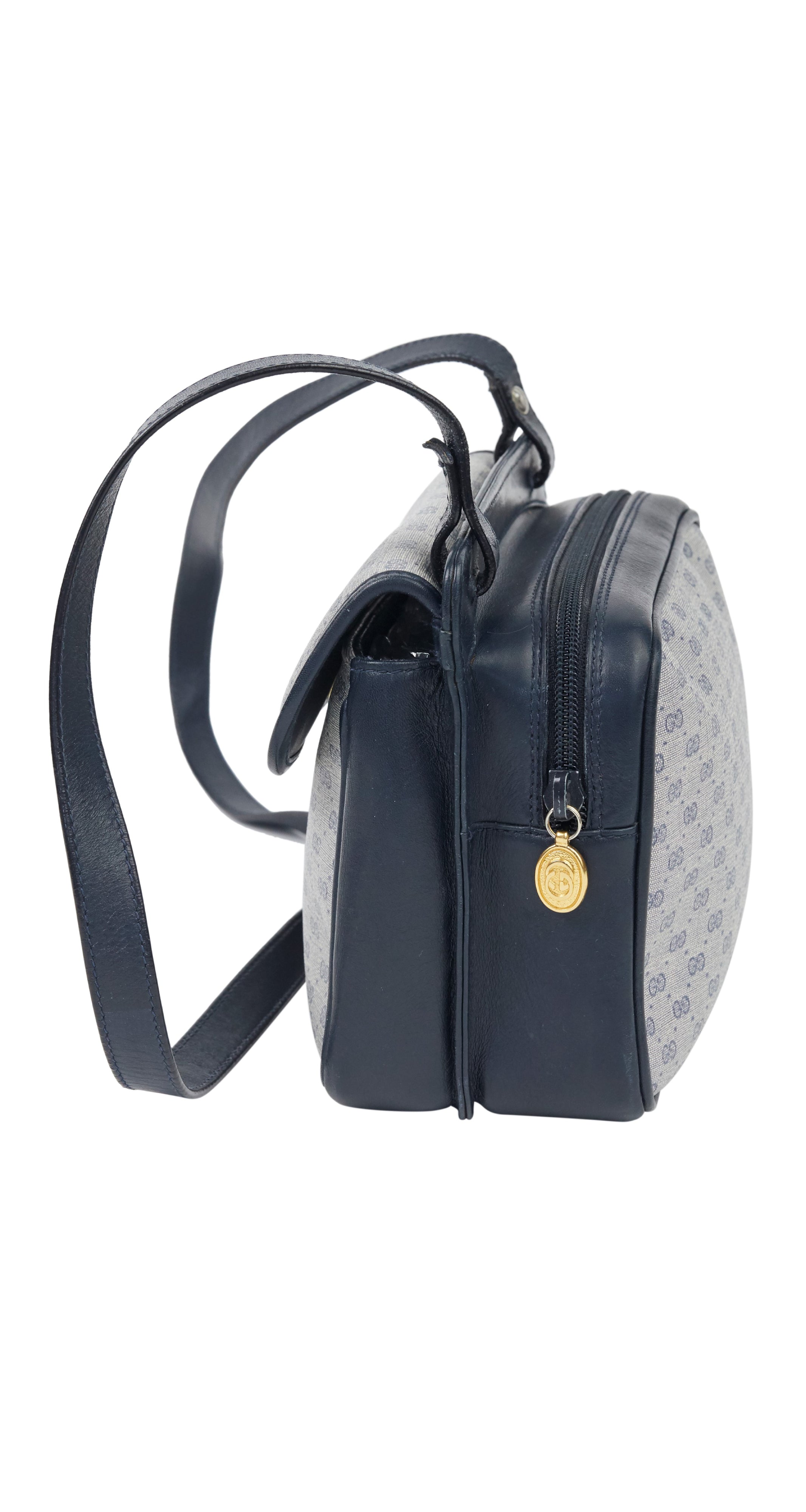 GUCCI GG 70's Vintage Coated Canvas Navy Leather Crossbody 