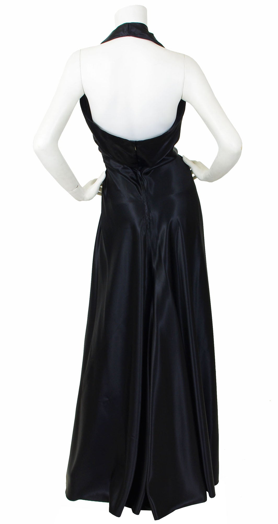 Vintage 1940's Sequin Plunge Neck Black Liquid Satin Halter Gown