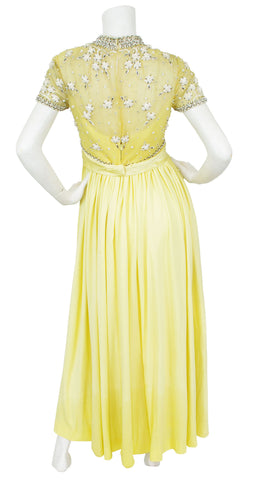 Intricately Beaded Yellow Jersey Evening Gown