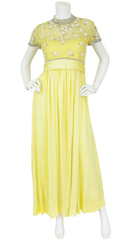 Intricately Beaded Yellow Jersey Evening Gown