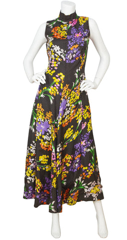 1970s Black Polka-Dot & Floral Maxi Dress