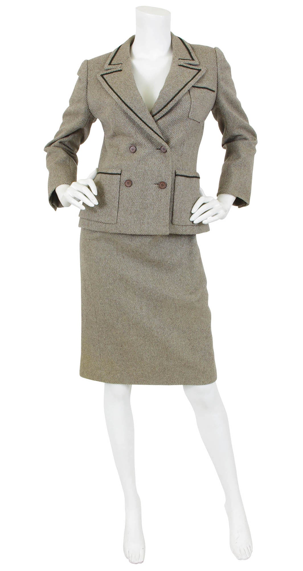 Louis Féraud - L'Officiel magazine 1970s vintage fashion designer couture  midi dress skirt brown stripe pr…