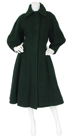 Early 1950's Iconic Lantern Sleeve Dark Green Wool Coat