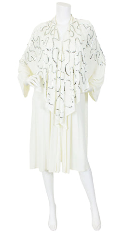 1970s Silver Sequin Draped White Jersey Jacket