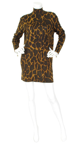 c. 1990 Giraffe Print Wool Turtleneck Sweater Mini Dress