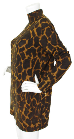 c. 1990 Giraffe Print Wool Turtleneck Sweater Mini Dress