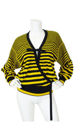 1980s Yellow and Black Striped Wool Dolman Sleeve Sweater