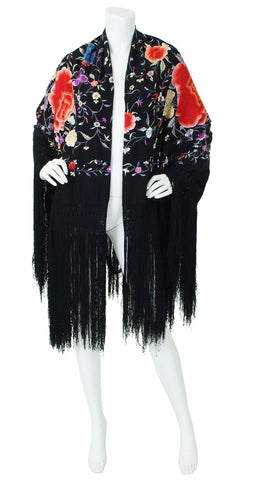 Large Floral Embroidered Black Fringe Piano Shawl