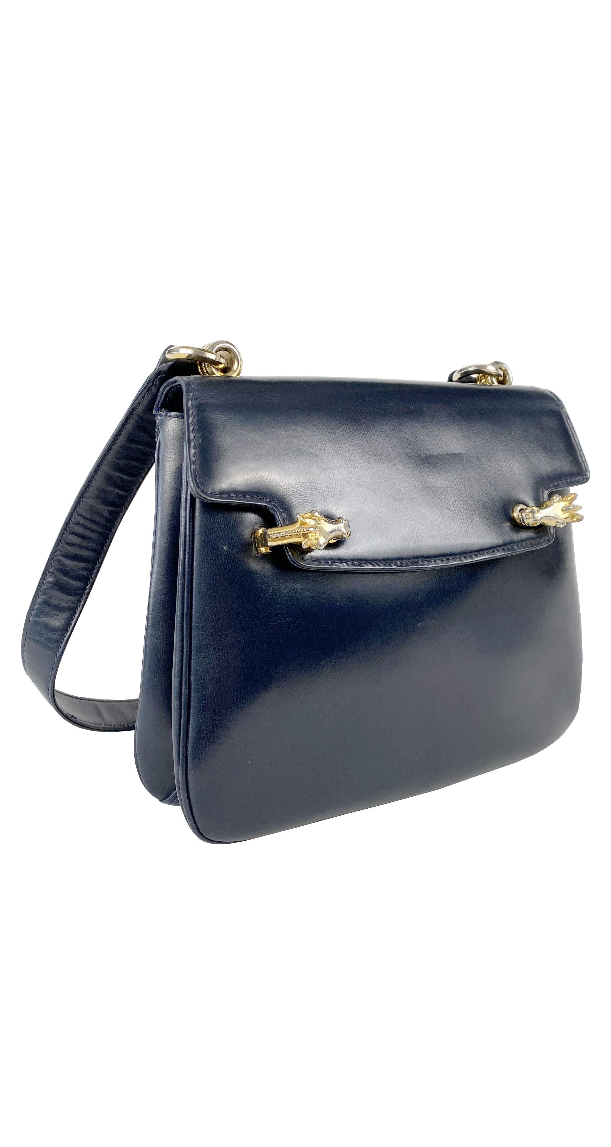 Vintage c. 1960 Gucci Navy Blue Smooth Leather Shoulder Bag Saddlebag