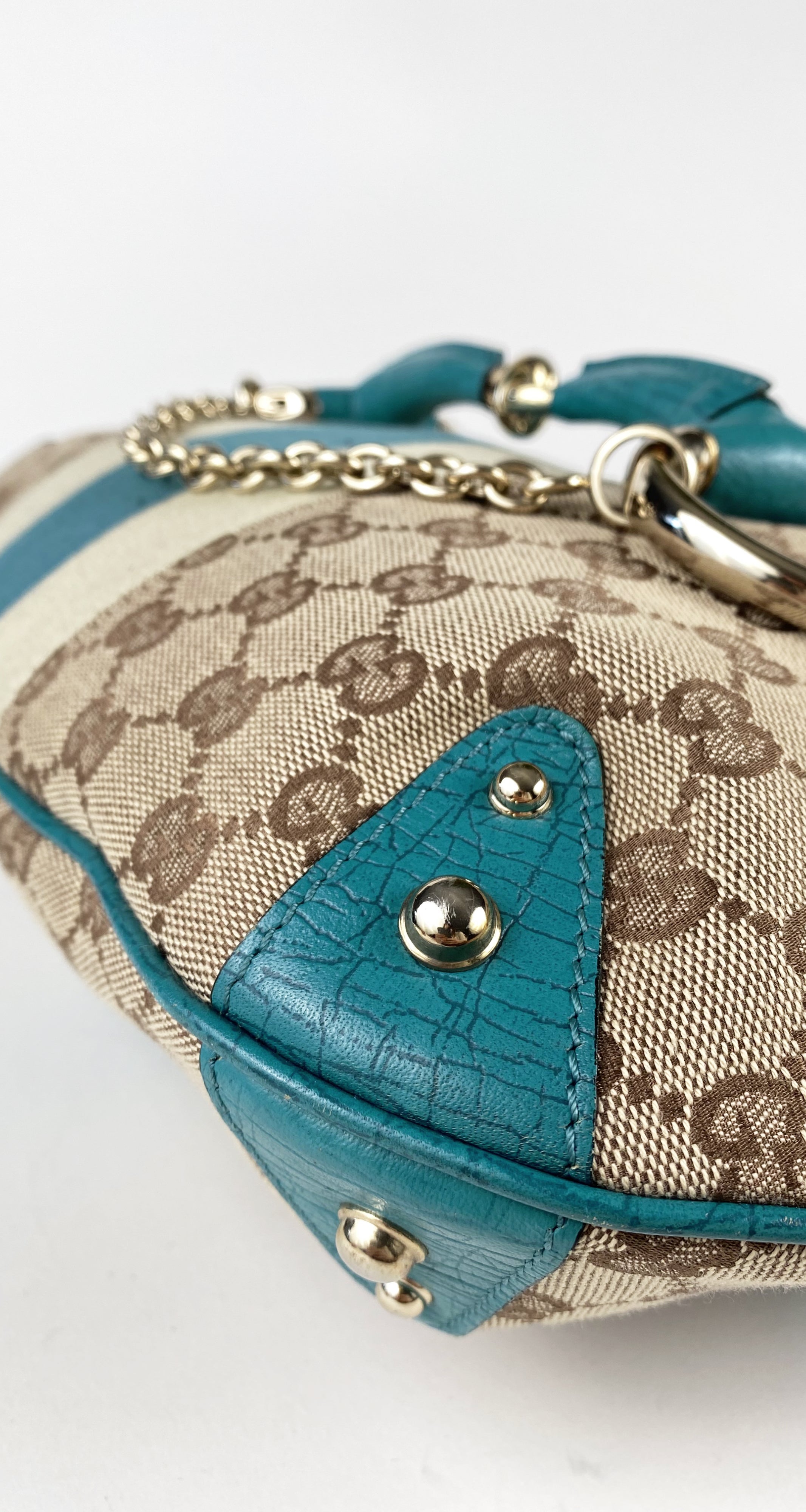 Gucci 2000s Monogram Canvas & Teal Leather Horsebit Hobo Bag – Featherstone  Vintage