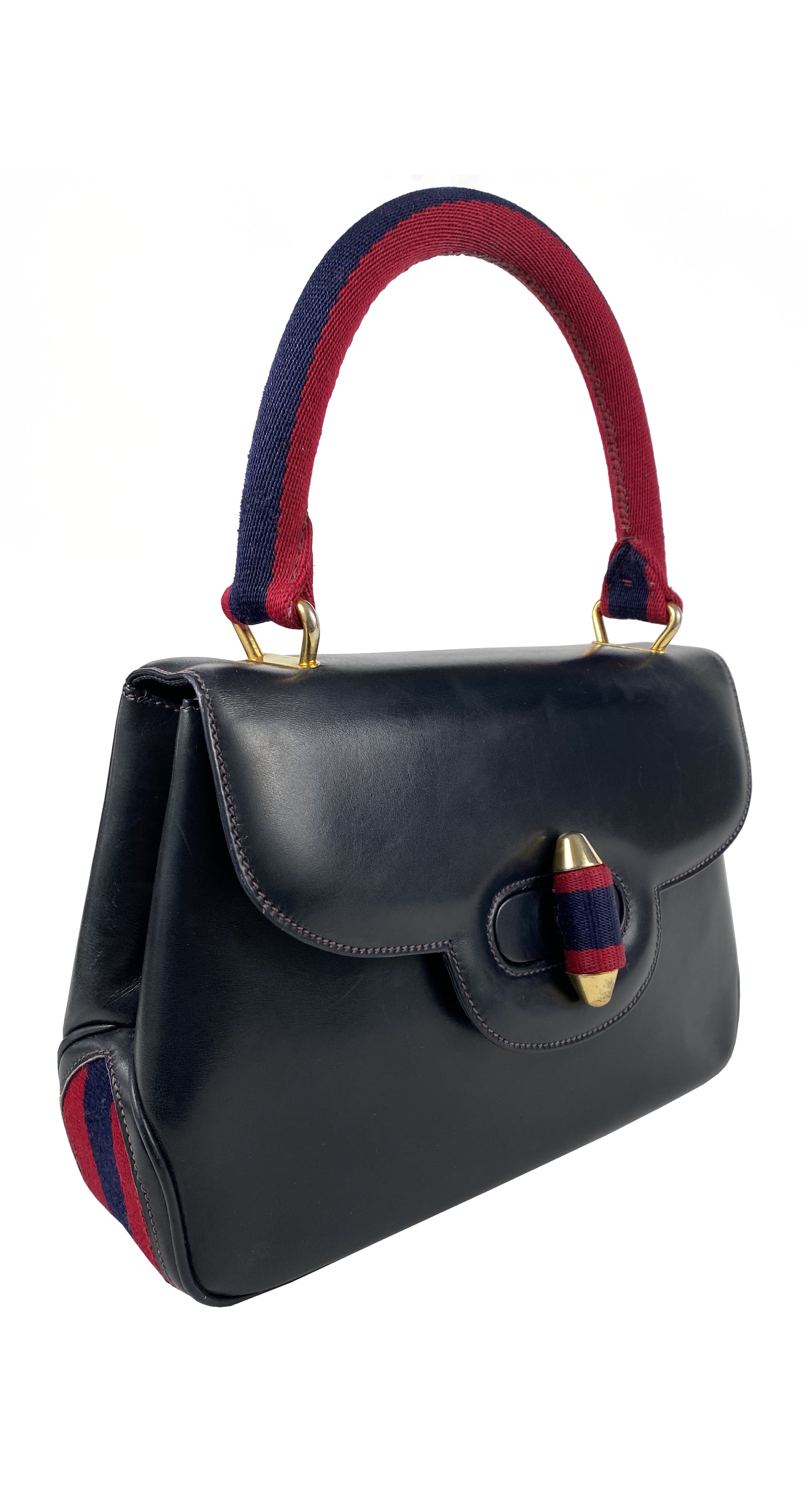 Gucci 1960s Vintage Horsehead Clasp Navy Leather Handbag