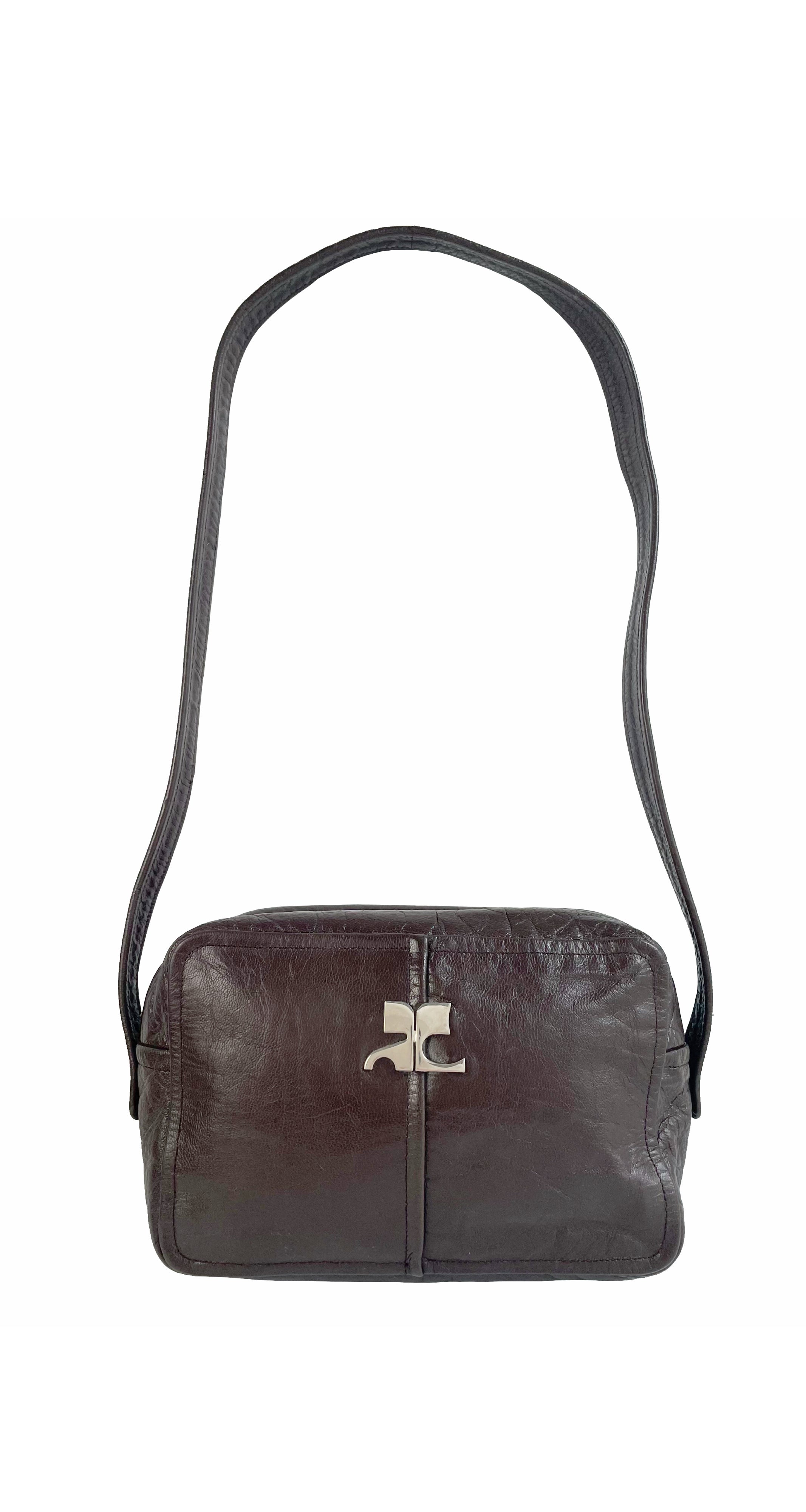 Vintage Courreges Black Leather Shoulder Bag 1980s
