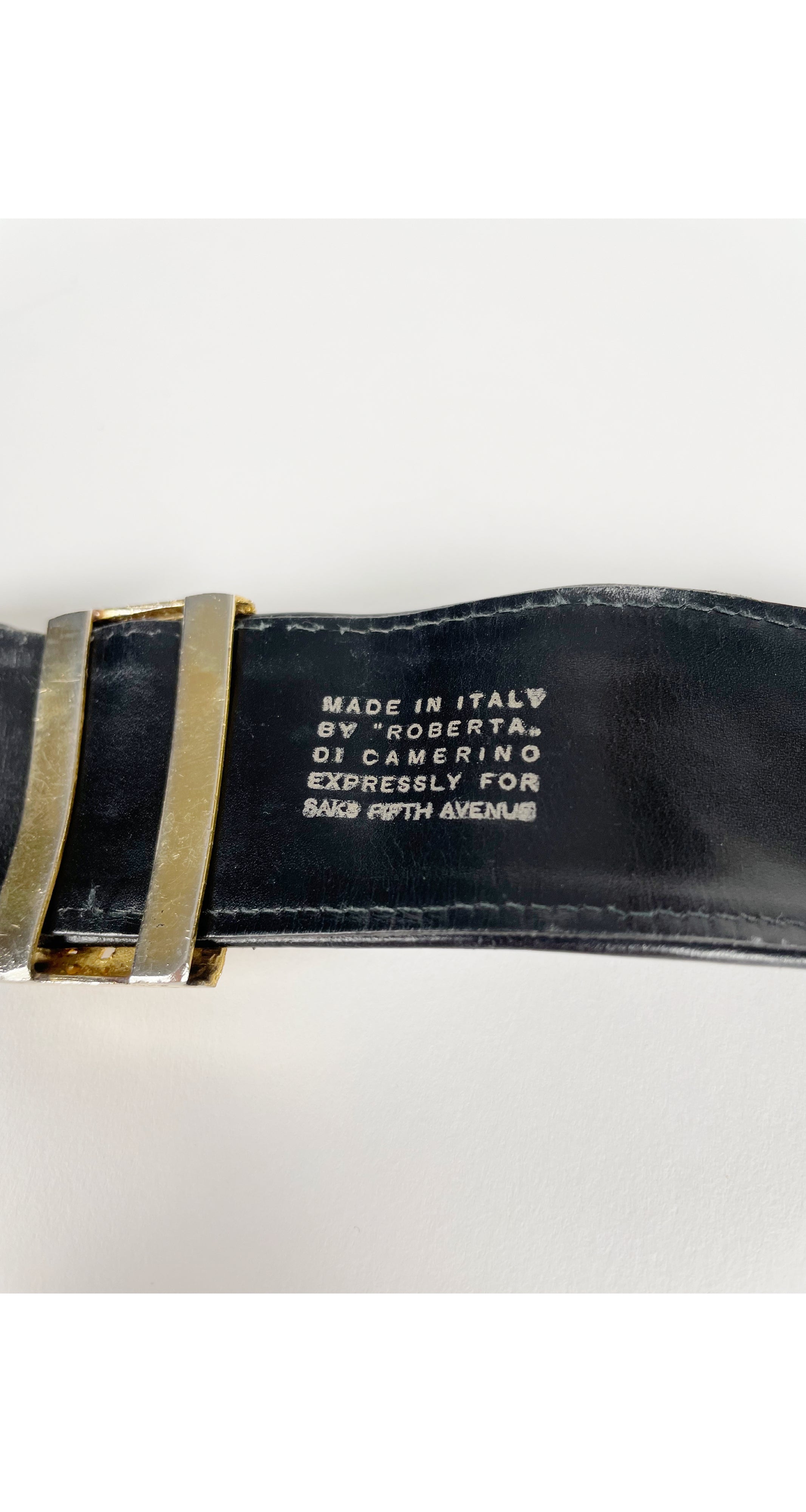 70s Roberta di Camerino Vintage black leather high belt with big