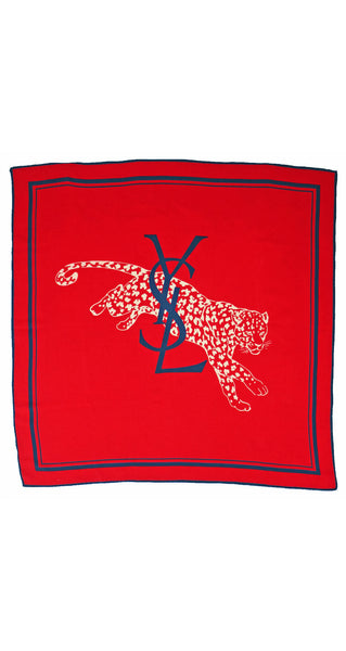 Yves Saint Laurent Vintage 1980's Logo Leopard Red Silk Scarf ...