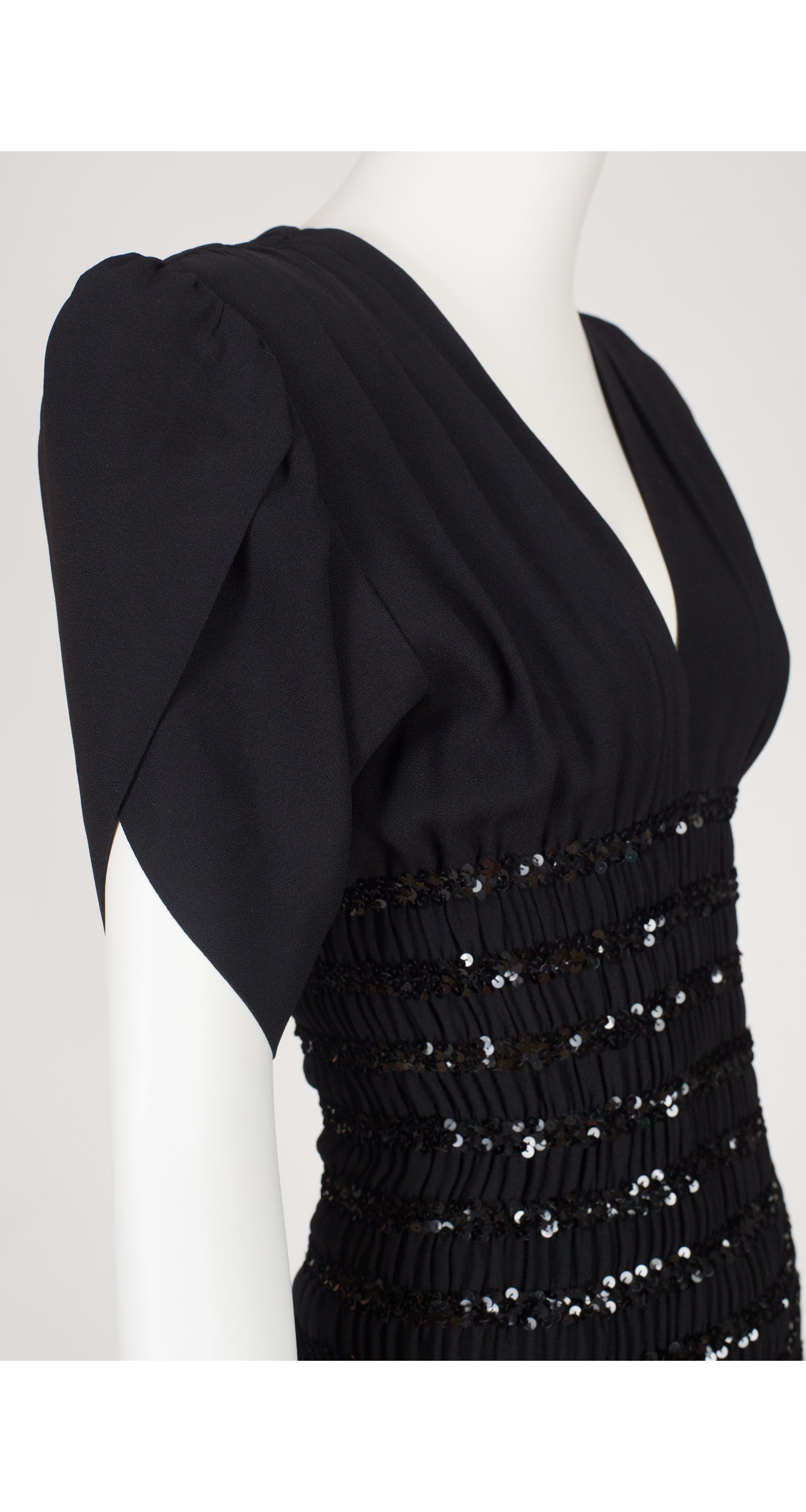 Vintage 1940's Sequin Plunge Neck Black Liquid Satin Halter Gown –  Featherstone Vintage