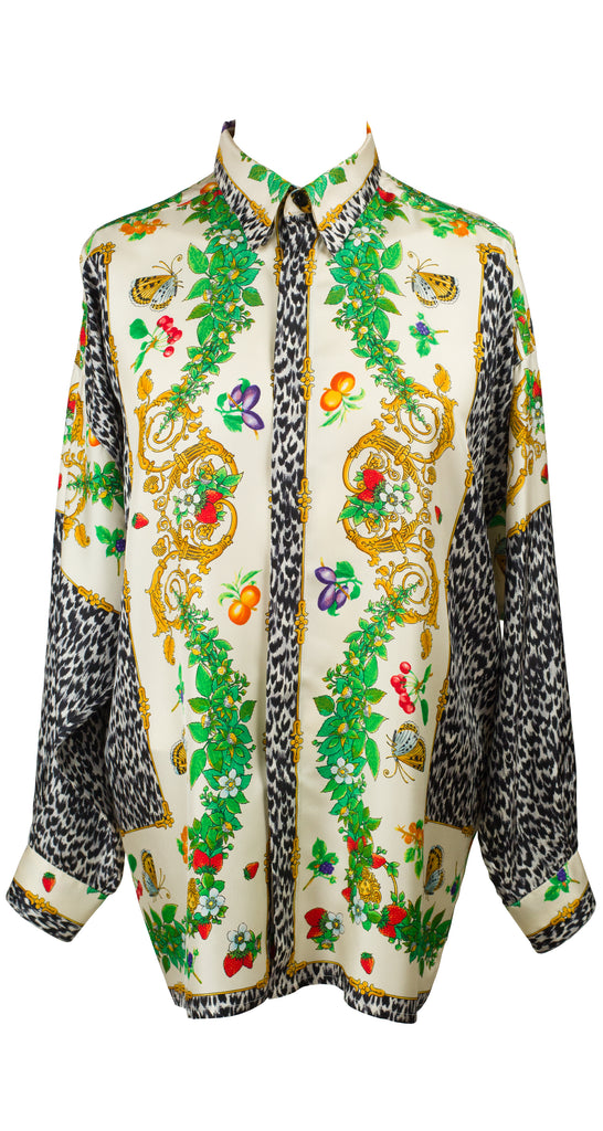 Gianni Versace 1990s Barocco Butterfly & Fruit Print Silk Twill Shirt 