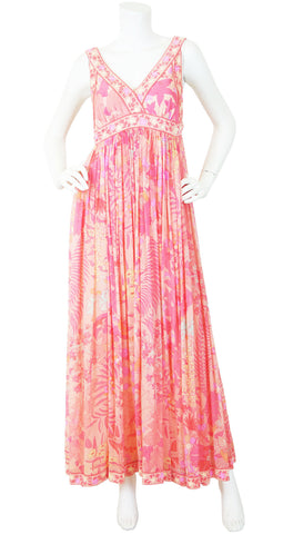 1960s Fruit & Floral Print Pink Silk Chiffon Jersey Gown