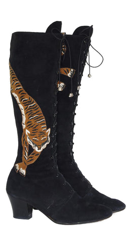 c. 1970 Embroidered Tiger Black Suede Lace-Up Boots