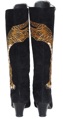 c. 1970 Embroidered Tiger Black Suede Lace-Up Boots