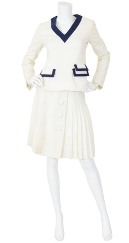 c. 1968 Mod Cream Wool Top and Pleated Skirt Set